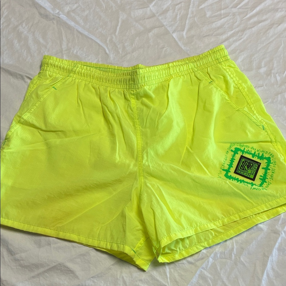 Vintage 80’s OP Neon Yellow Athletic Shorts with Green Logo Patch